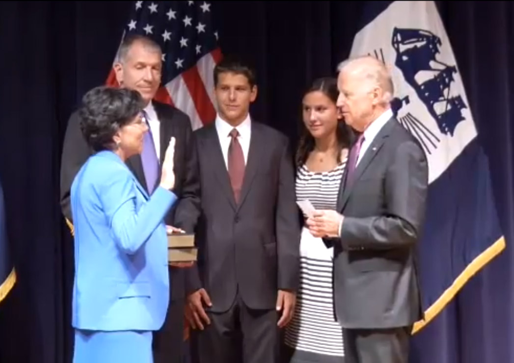 Penny Pritzker is sworn in as the 38th U.S. Secretary of Commerce by Vice President Joe Biden on June 26.