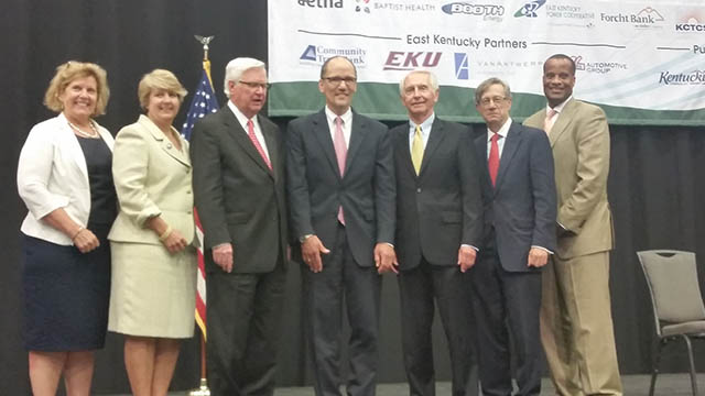 From left: Lillian Salerno, Administrator for Rural Business-Cooperative Service, USDA; Wendy Spencer, CEO, Corporation for National and Community Service; Congressman Hal Rogers; Thomas Perez, Secretary of Labor; Governor Steve Beshear; Earl Gohl, Federal Co-Chair, Appalachian Regional Commission; Assistant Secretary Williams