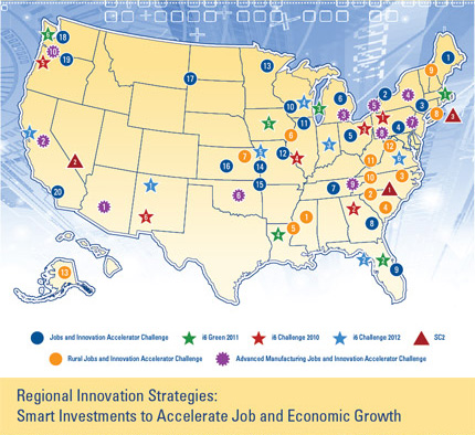 Regional Innovation Strategies: Smart Investments to Accelerate Job and Economic Growth.  Image shows map of locations of all EDA award winners