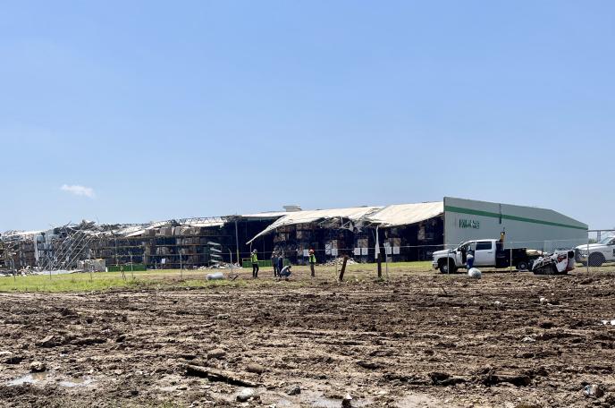Photo of a Dollar Tree Distribution Center in Marietta, OK, half demolished