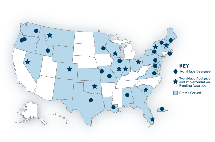 US Map of EDA Tech Hubs Designee Award locations