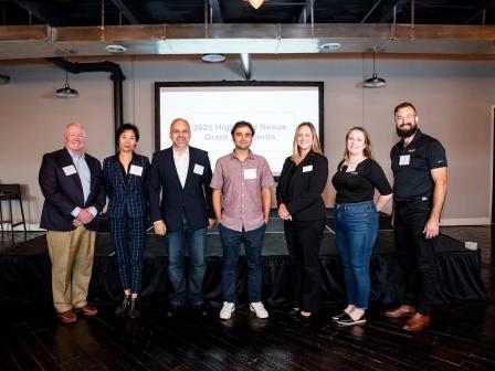 2021 Nexus Higher Education grant award winners: (left to right): Chris LaMothe, CEO of Elevate Ventures; Dr. Ying Shang, Indiana Tech; Dr. Gabriel Gruionu, Indiana University School of Medicine; Dr. Huseyin Ergin, Ball State University; Erin Lewis, University of Evansville; Chelsea Marburger, program manager of university initiatives at Elevate Ventures; Landon Young, executive director of university initiatives at Elevate Ventures.